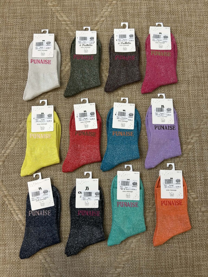 Chaussettes pailletées punaise message fun colorées | Marina & Paloma