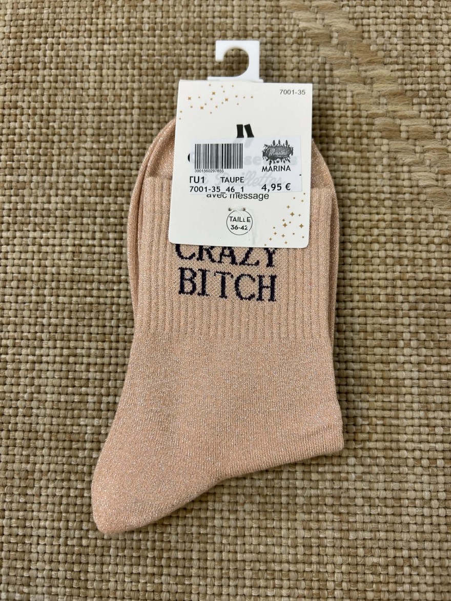 Chaussettes pailletées crazy bitch message fun femme | Marina & Paloma