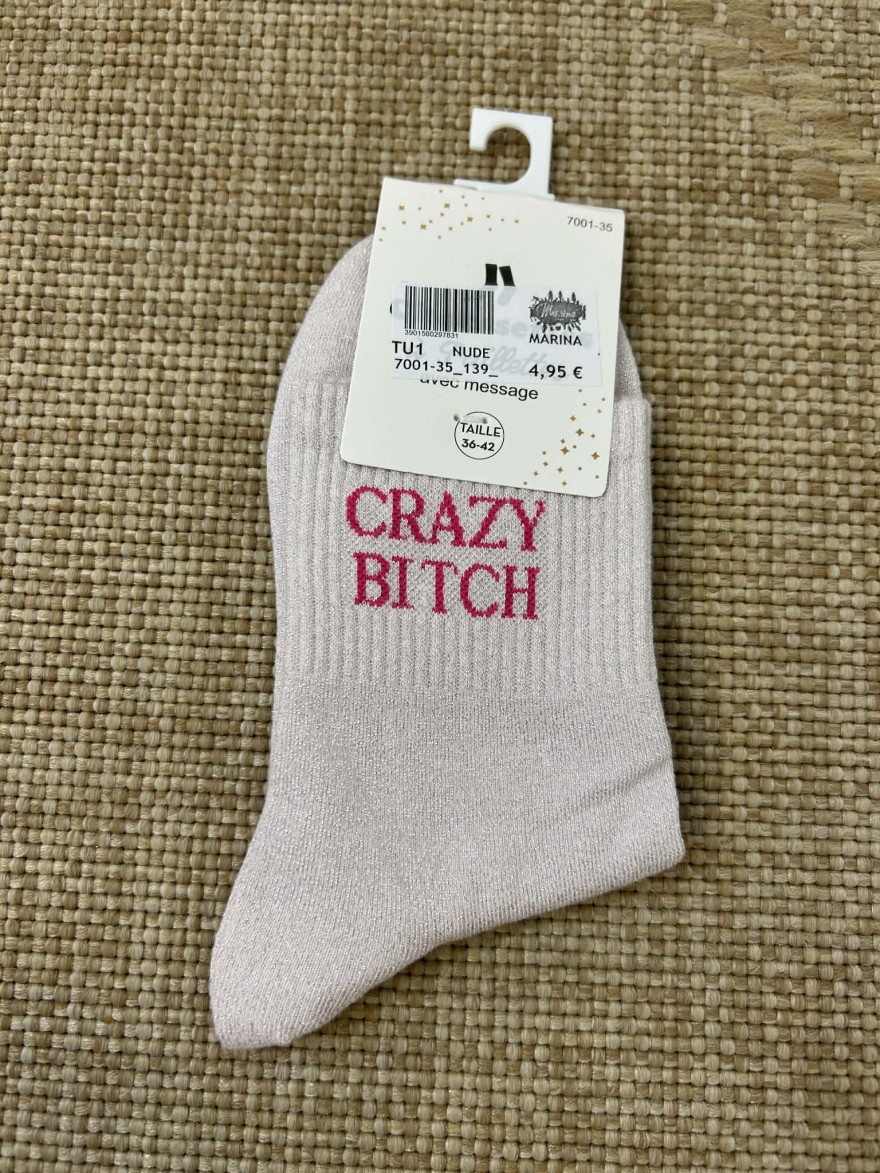 Chaussettes pailletées crazy bitch message fun femme | Marina & Paloma