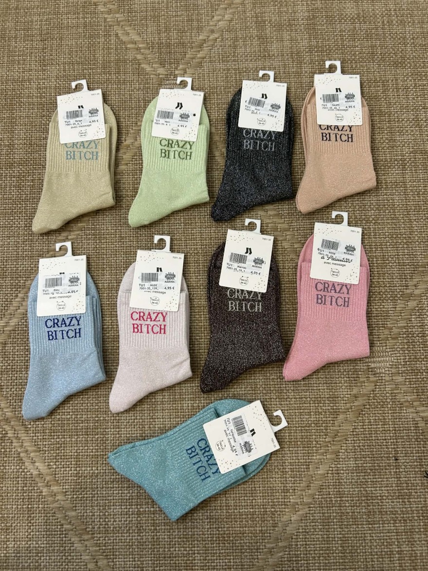 Chaussettes pailletées crazy bitch message fun femme | Marina & Paloma