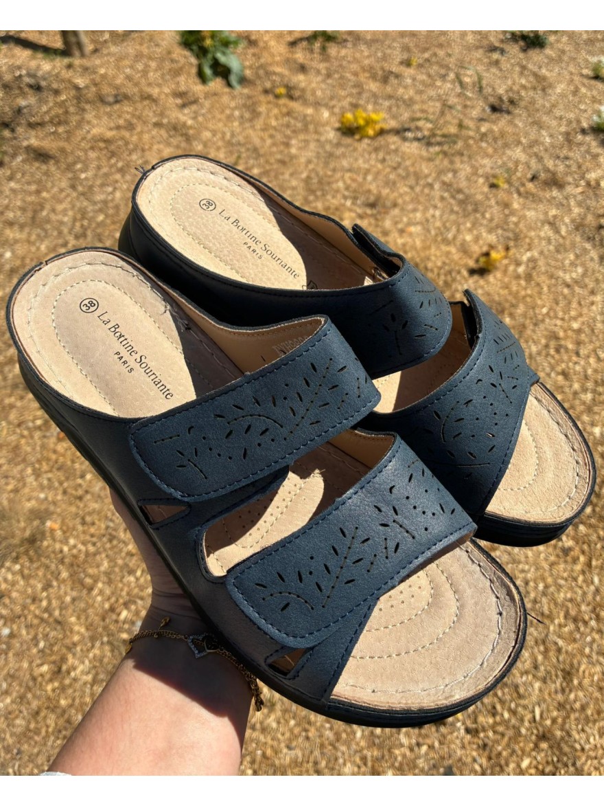 Mule Confort Bleu Femme Scratch Semelle Compensée Légère | Marina & Paloma