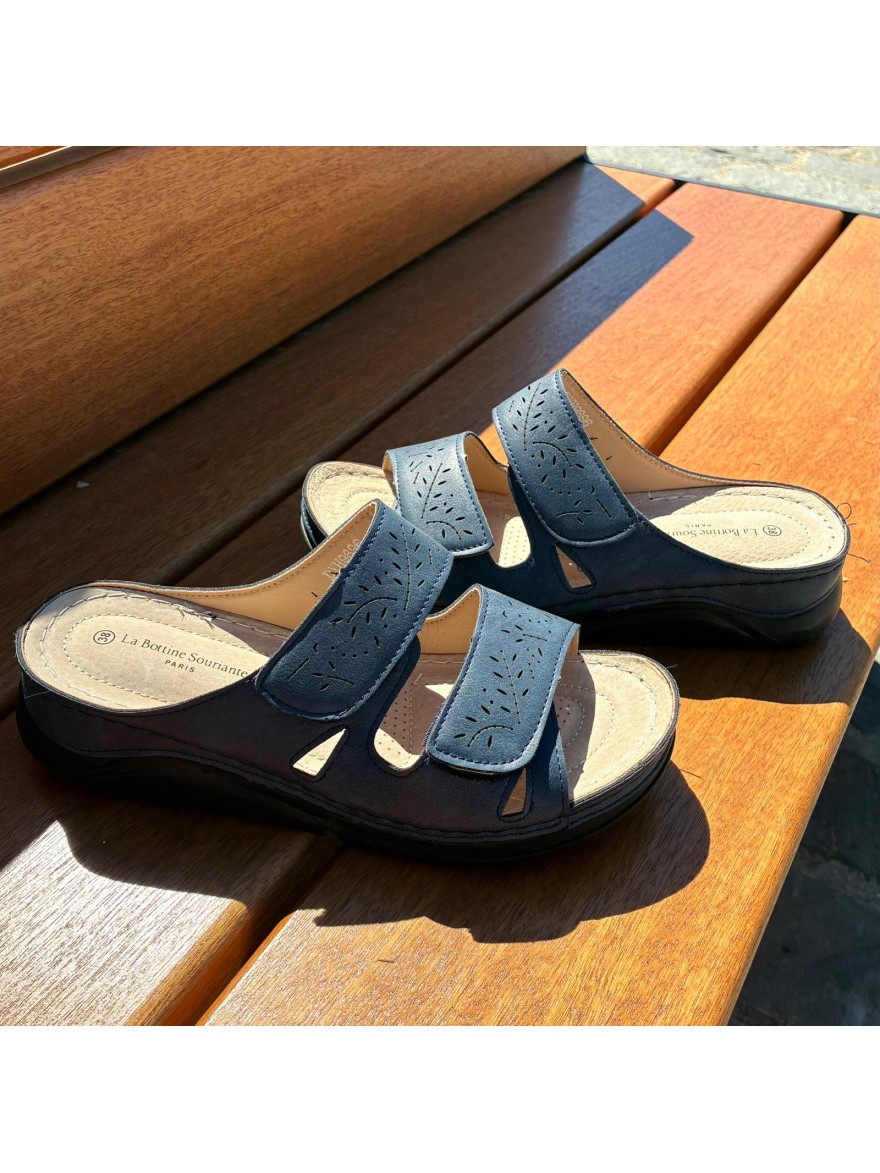Mule Confort Bleu Femme Scratch Semelle Compensée Légère | Marina & Paloma