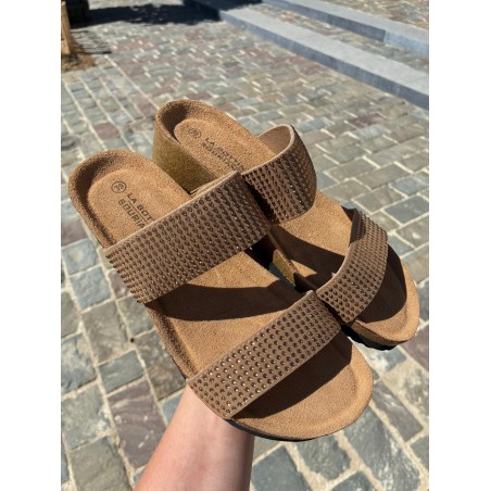 Mule Camel Strass Femme Compensée Liège Confort Été | Marina & Paloma