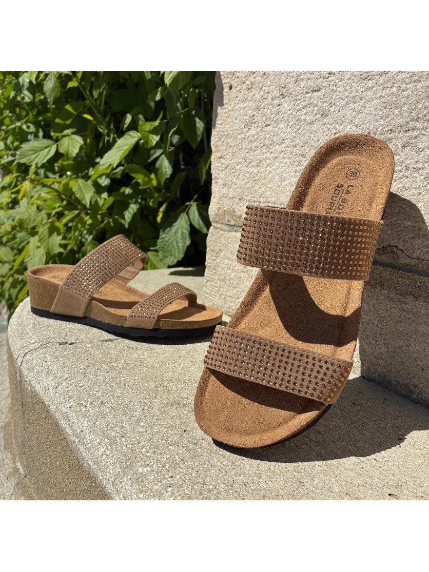 Mule Camel Strass Femme Compensée Liège Confort Été | Marina & Paloma