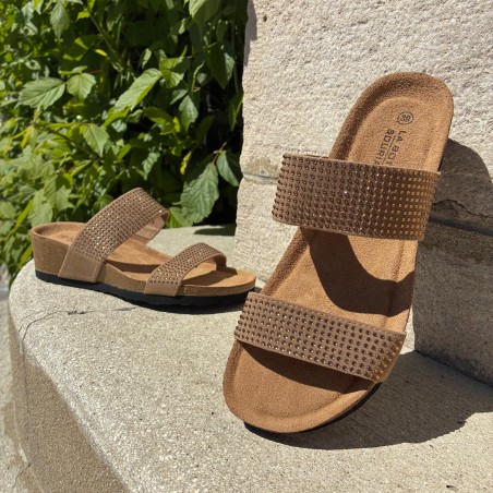 Mule Camel Strass Femme Compensée Liège Confort Été | Marina & Paloma