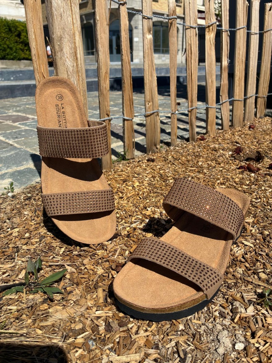 Mule Camel Strass Femme Compensée Liège Confort Été | Marina & Paloma