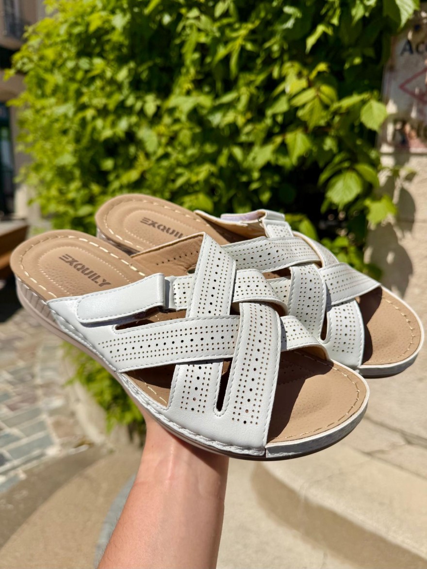 Mule Confort Écru Femme Brides Croisées Compensée Été | Marina & Paloma