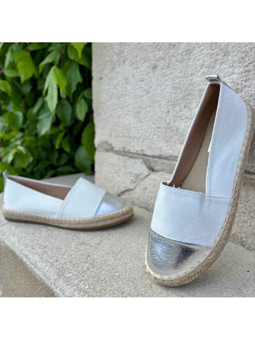 Espadrille Slip-On Blanche Bout Argenté Confort Été | Marina & Paloma