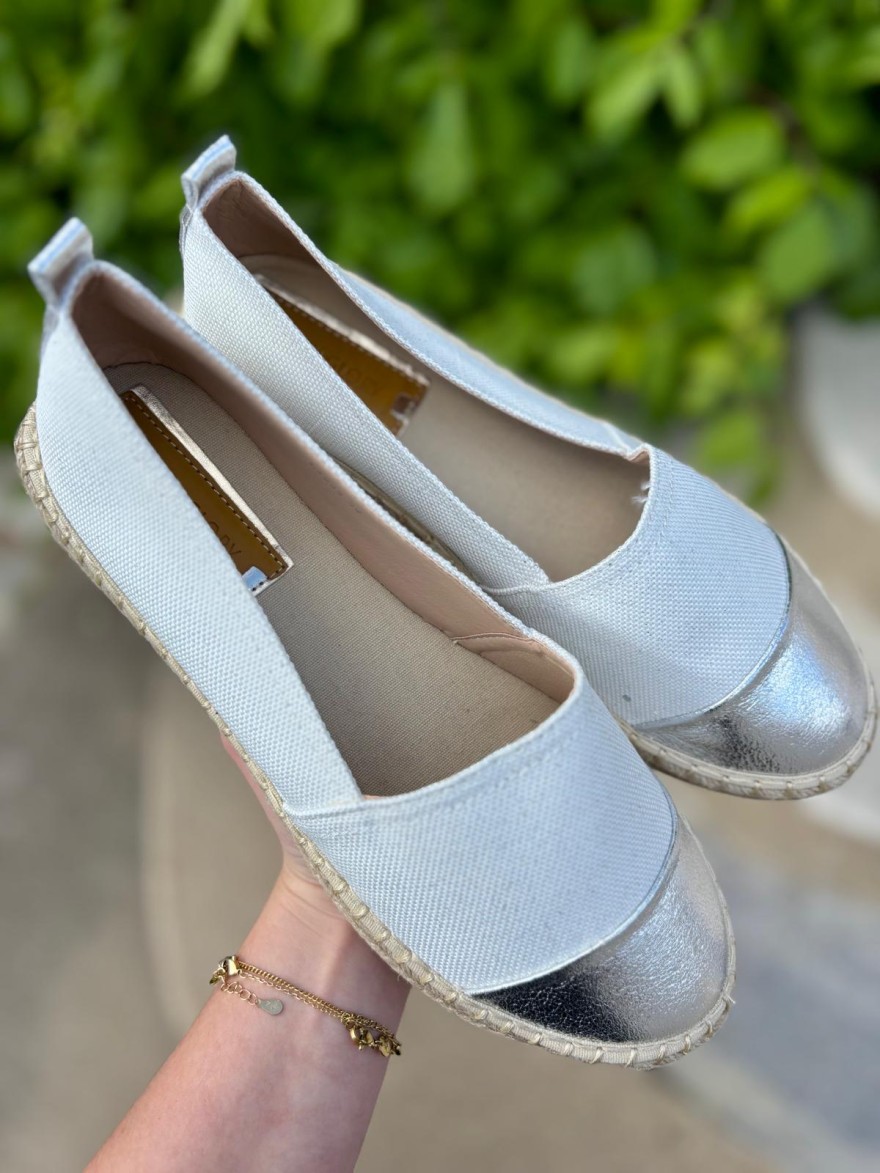 Espadrille Slip-On Blanche Bout Argenté Confort Été | Marina & Paloma