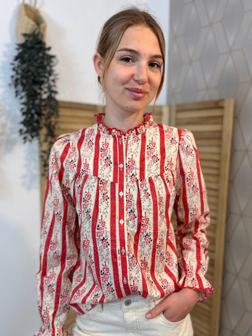 Chemisier rouge rayures fleurs col volant coton | Marina & Paloma
