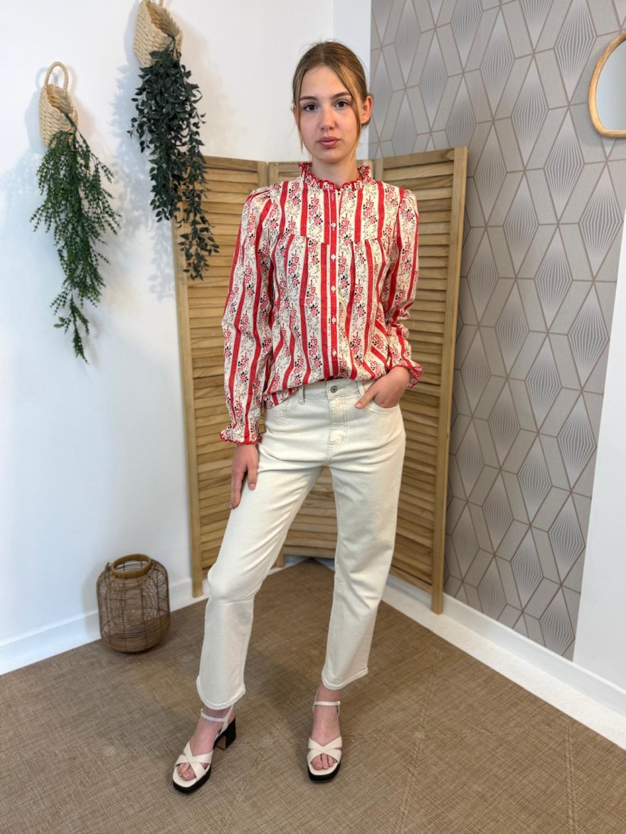 Chemisier rouge rayures fleurs col volant coton | Marina & Paloma