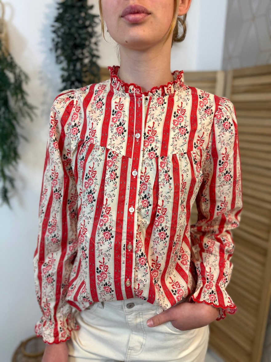 Chemisier rouge rayures fleurs col volant coton | Marina & Paloma