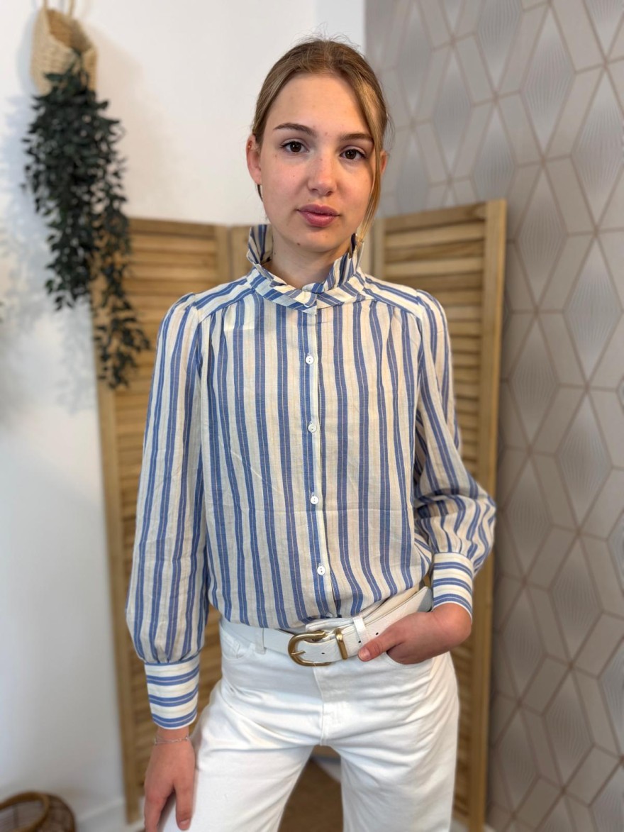 Chemisier rayures bleu col volant coton femme léger | Marina & Paloma