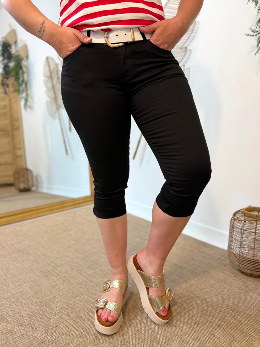 Pantacourt noir taille haute slim coton femme | Marina & Paloma