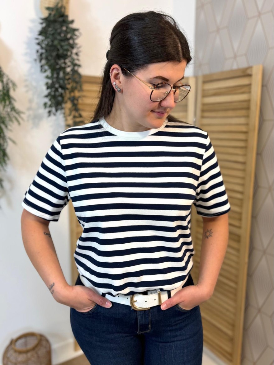 T-shirt rayures blanc et bleu marine ample coton femme | Marina & Paloma