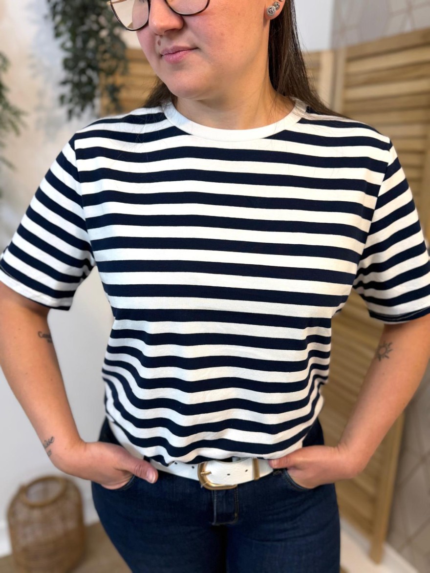 T-shirt rayures blanc et bleu marine ample coton femme | Marina & Paloma