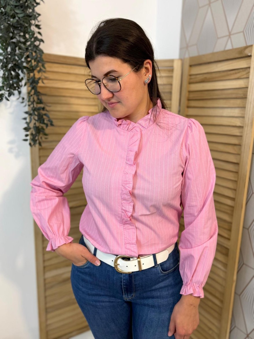 Chemise Rose Rayée Col Volant Femme Chic Été | Marina & Paloma
