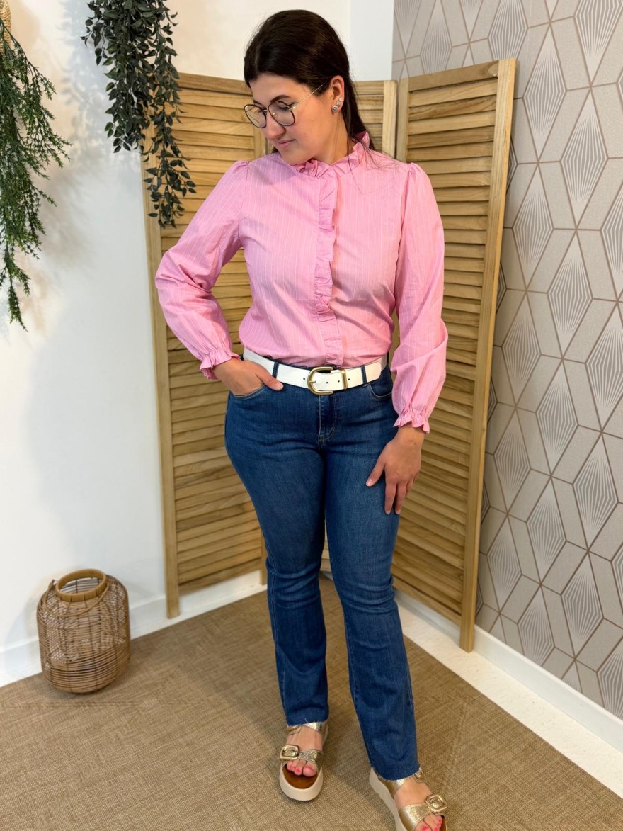 Chemise Rose Rayée Col Volant Femme Chic Été | Marina & Paloma