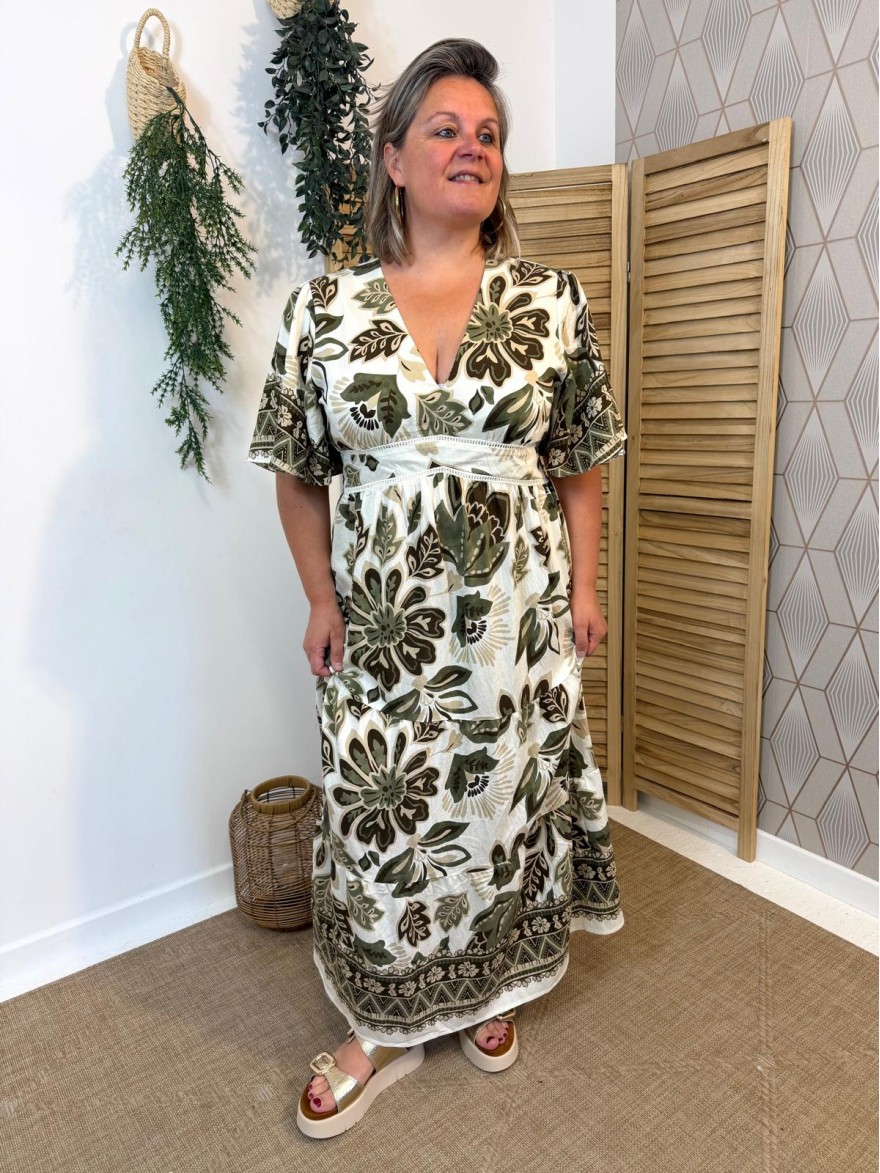 Robe Longue Fleurie Kaki Grande Taille Fluide | Marina & Paloma