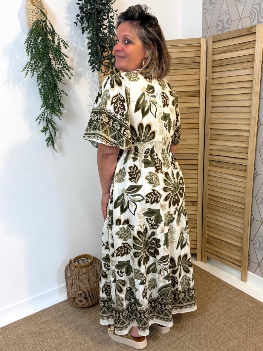 Robe Longue Fleurie Kaki Grande Taille Fluide | Marina & Paloma