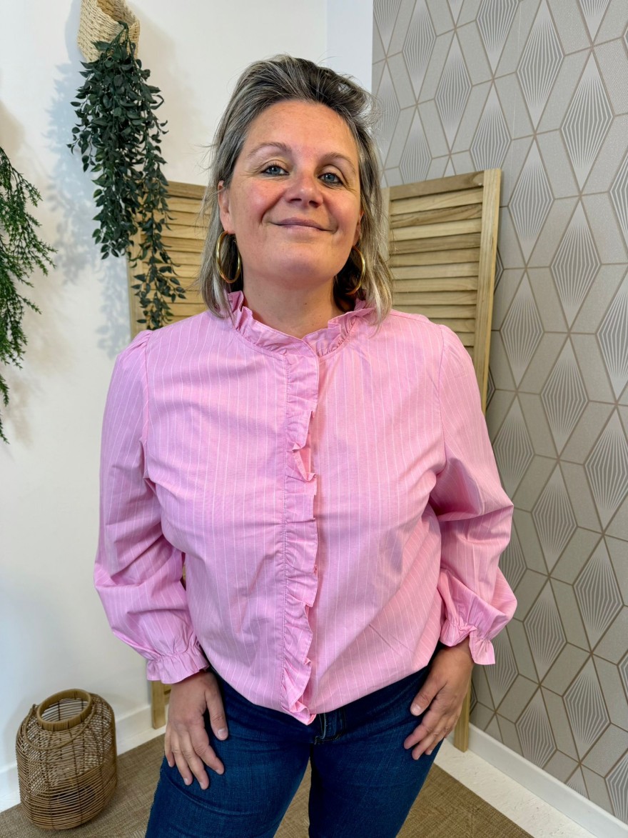 Chemise Rose Rayée Col Volant Femme Élégante | Marina & Paloma