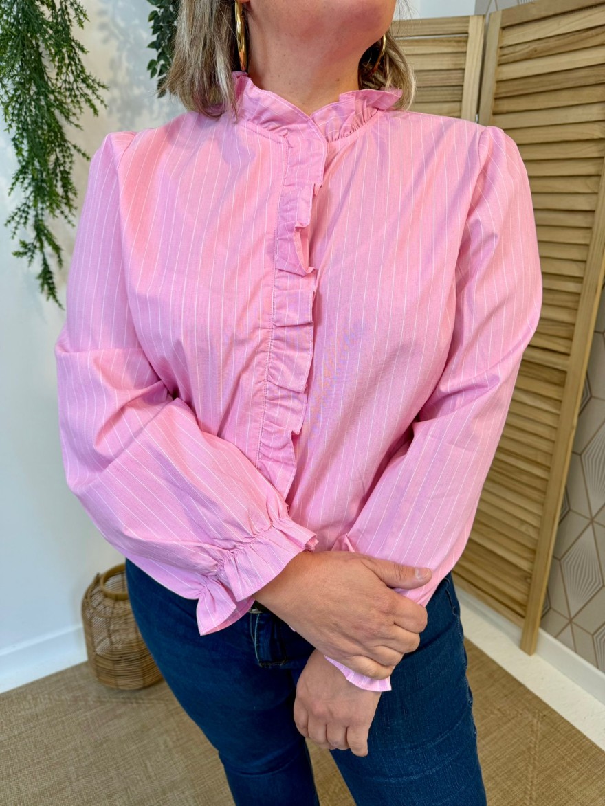 Chemise Rose Rayée Col Volant Femme Élégante | Marina & Paloma