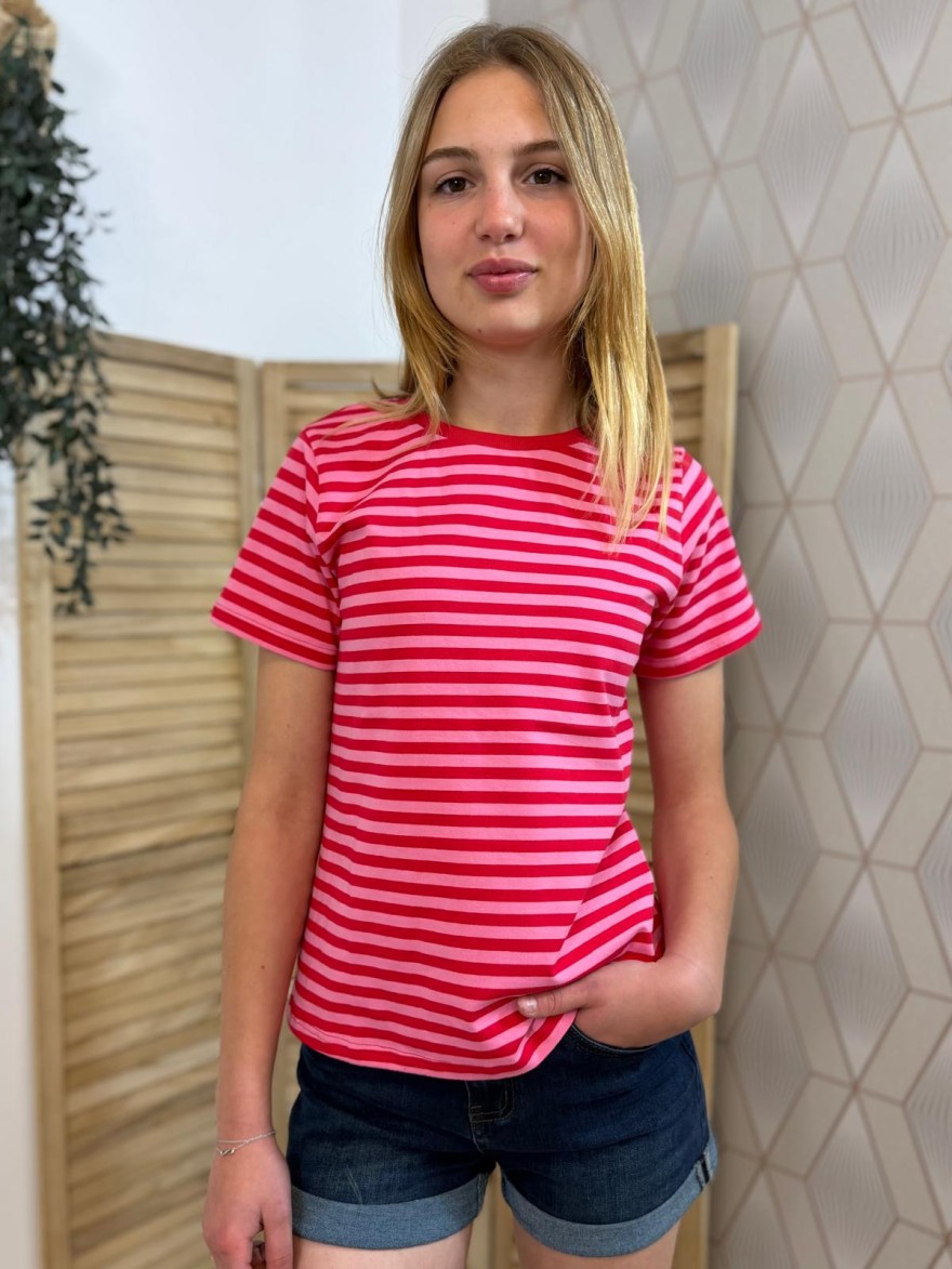 T-shirt Rose Rayé Rouge In April 86 Femme | Marina & Paloma