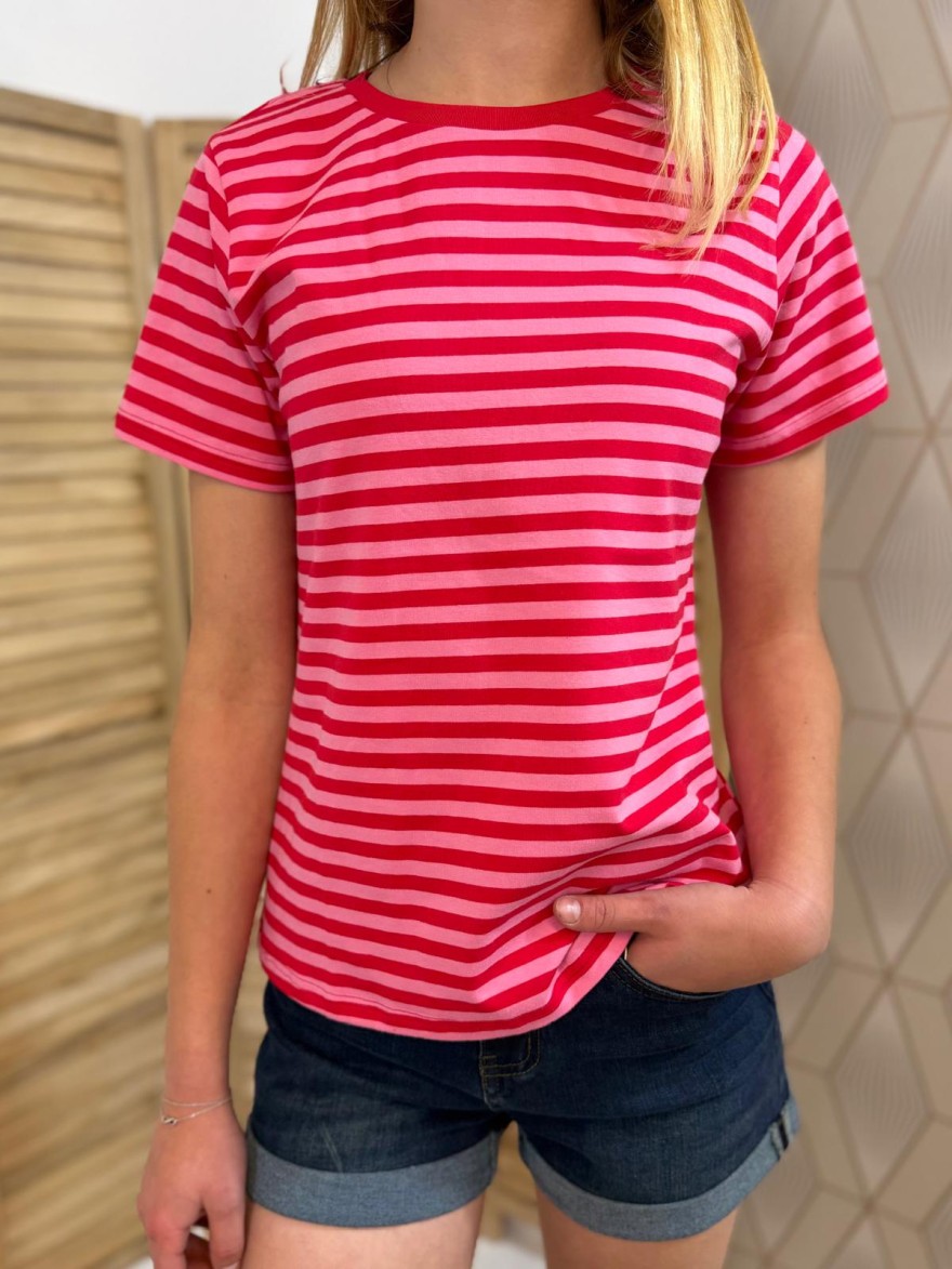 T-shirt Rose Rayé Rouge In April 86 Femme | Marina & Paloma