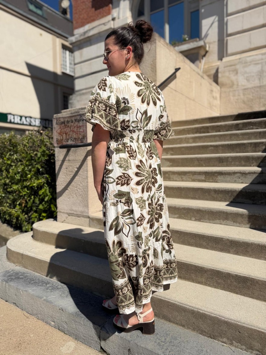 Robe longue fleurie verte BY ONE col V fluide été | Marina & Paloma