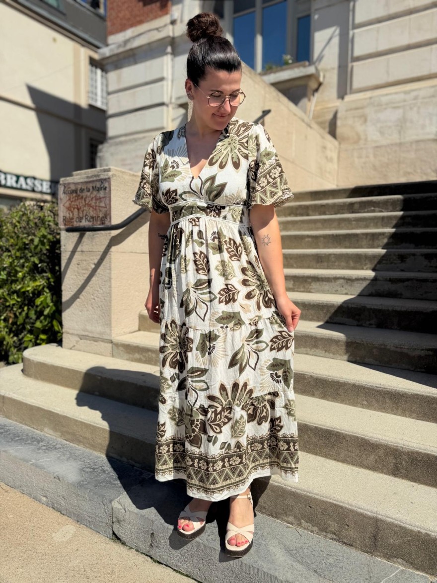 Robe longue fleurie verte BY ONE col V fluide été | Marina & Paloma