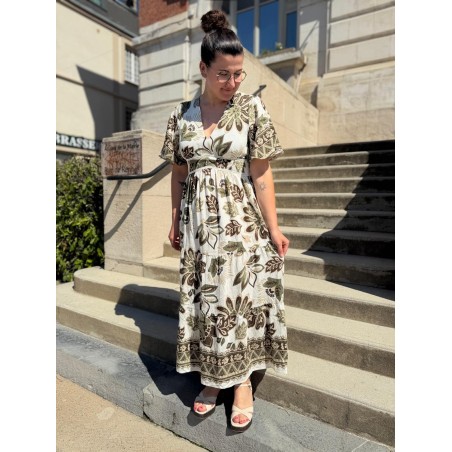 Robe longue fleurie verte BY ONE col V fluide été | Marina & Paloma