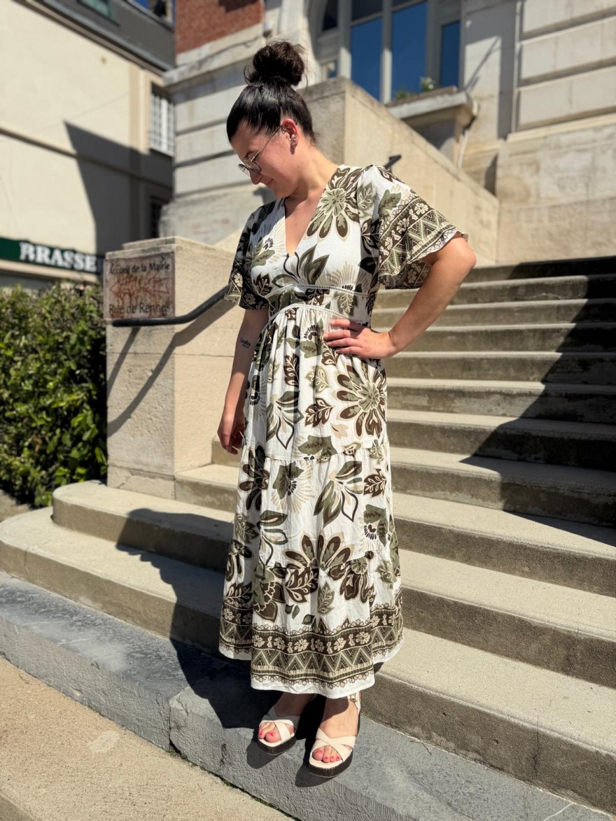 Robe longue fleurie verte BY ONE col V fluide été | Marina & Paloma