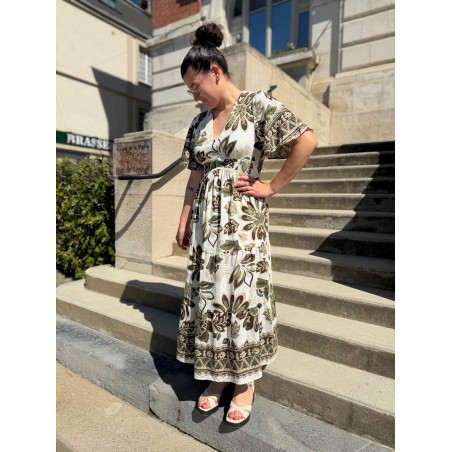 Robe longue fleurie verte BY ONE col V fluide été | Marina & Paloma
