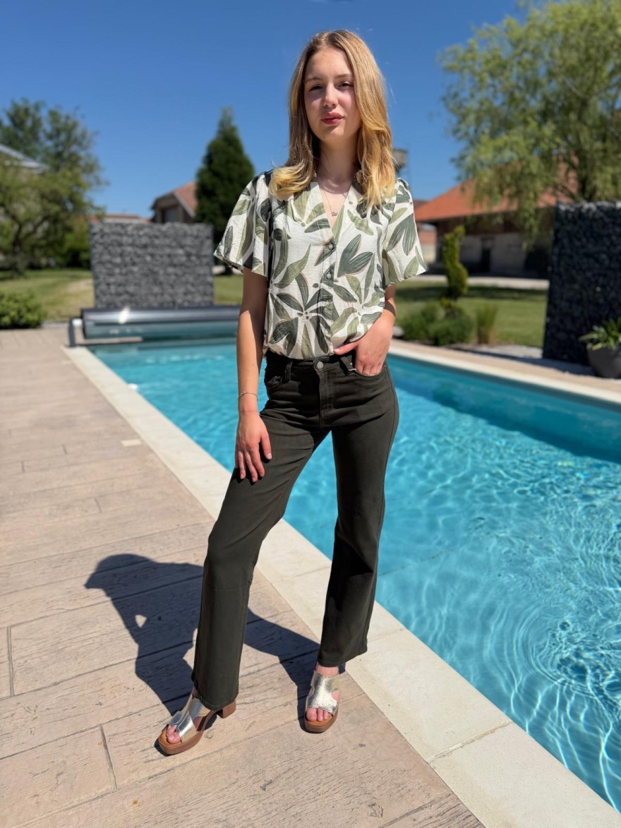 Jean Kaki flare taille haute coton stretch femme | Marina & Paloma