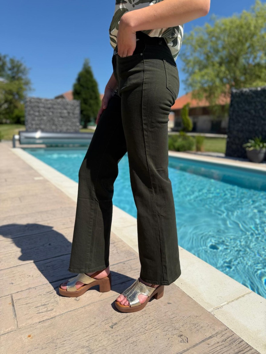 Jean Kaki flare taille haute coton stretch femme | Marina & Paloma