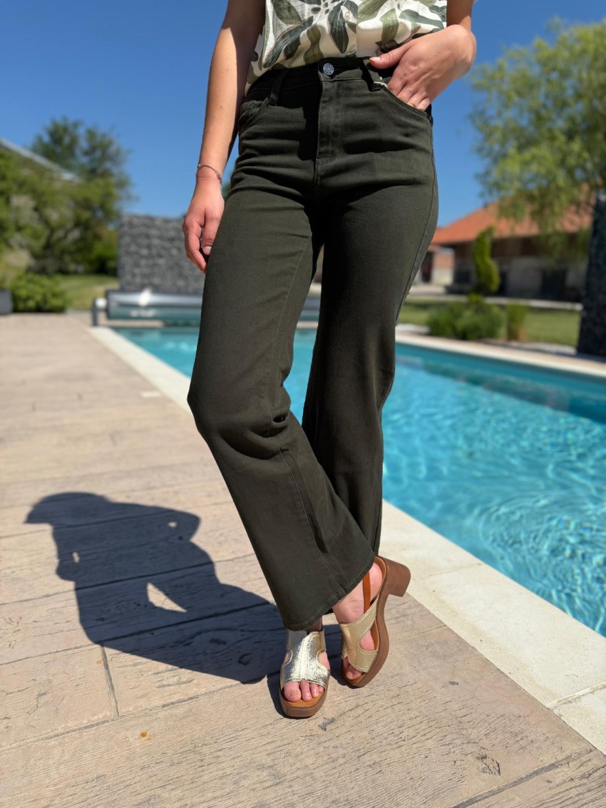 Jean Kaki flare taille haute coton stretch femme | Marina & Paloma