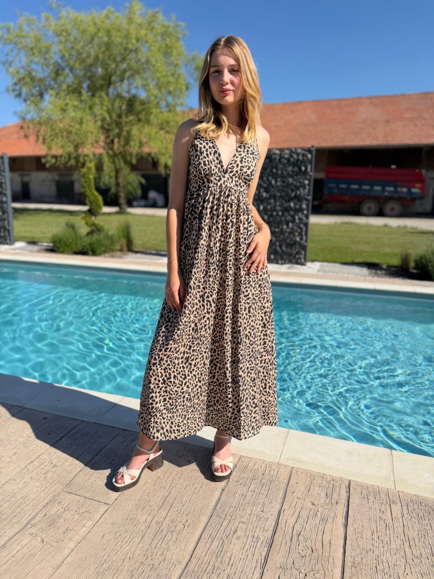 Robe Longue Léopard Fine Bretelle | Marina & Paloma Femme Chic
