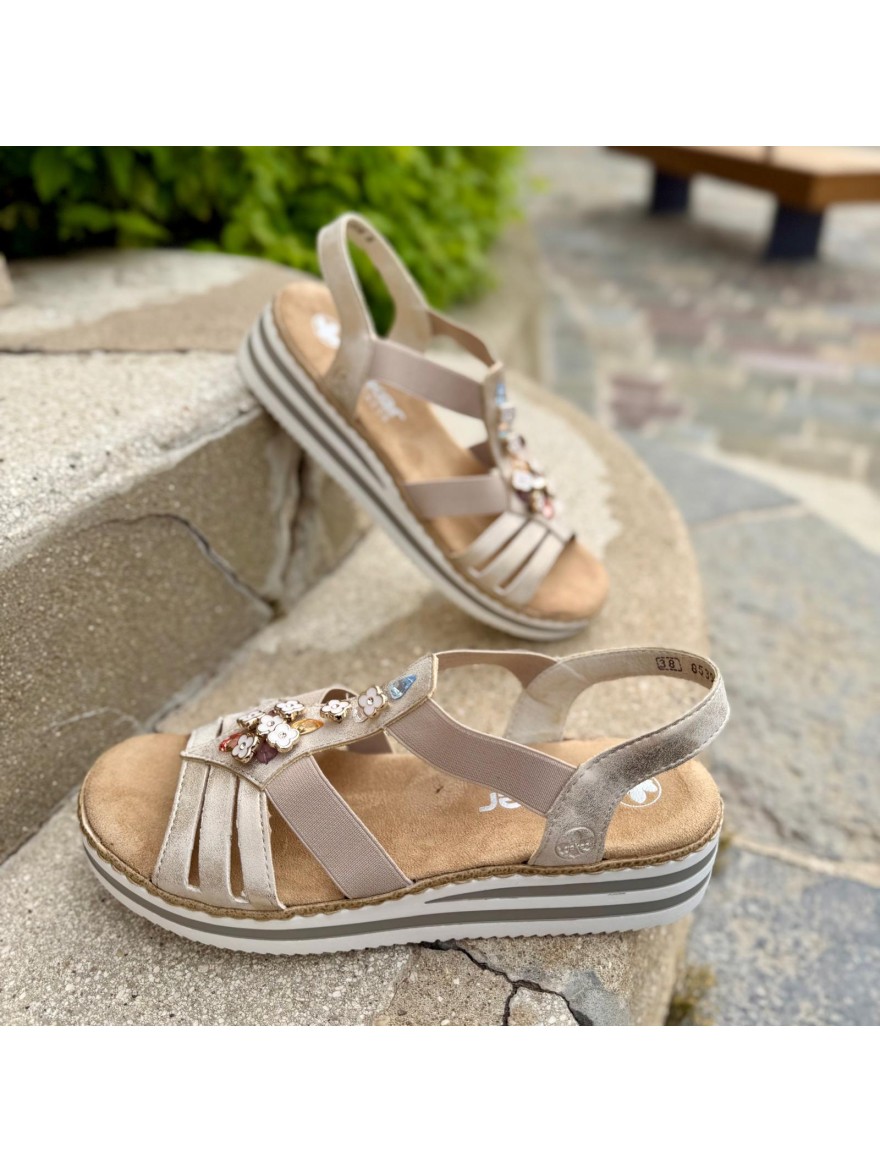Nu-pieds Rieker V0245-60 Beige Doré Décor Marin Confort | Marina & Paloma