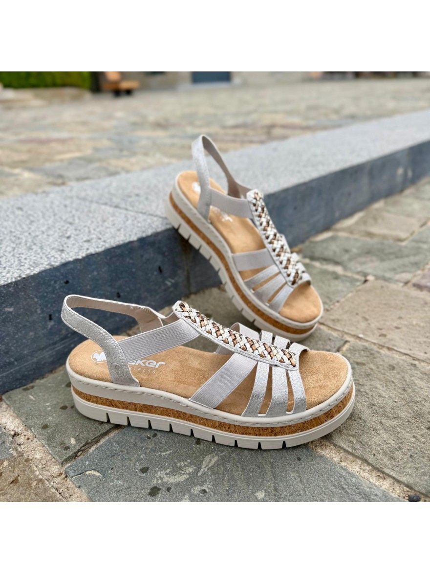 Nu-pieds Rieker V4918-90 plateforme argent tressé confort | Marina & Paloma