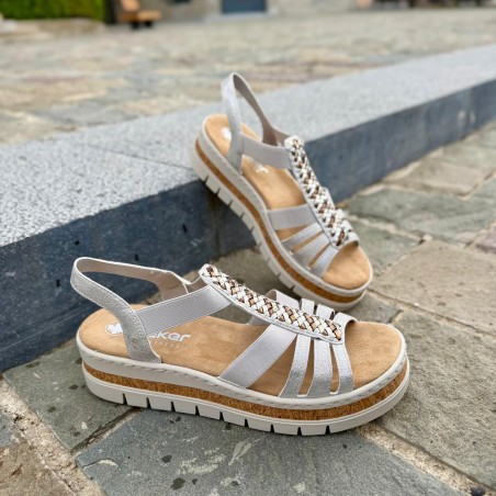 Nu-pieds Rieker V4918-90 plateforme argent tressé confort | Marina & Paloma