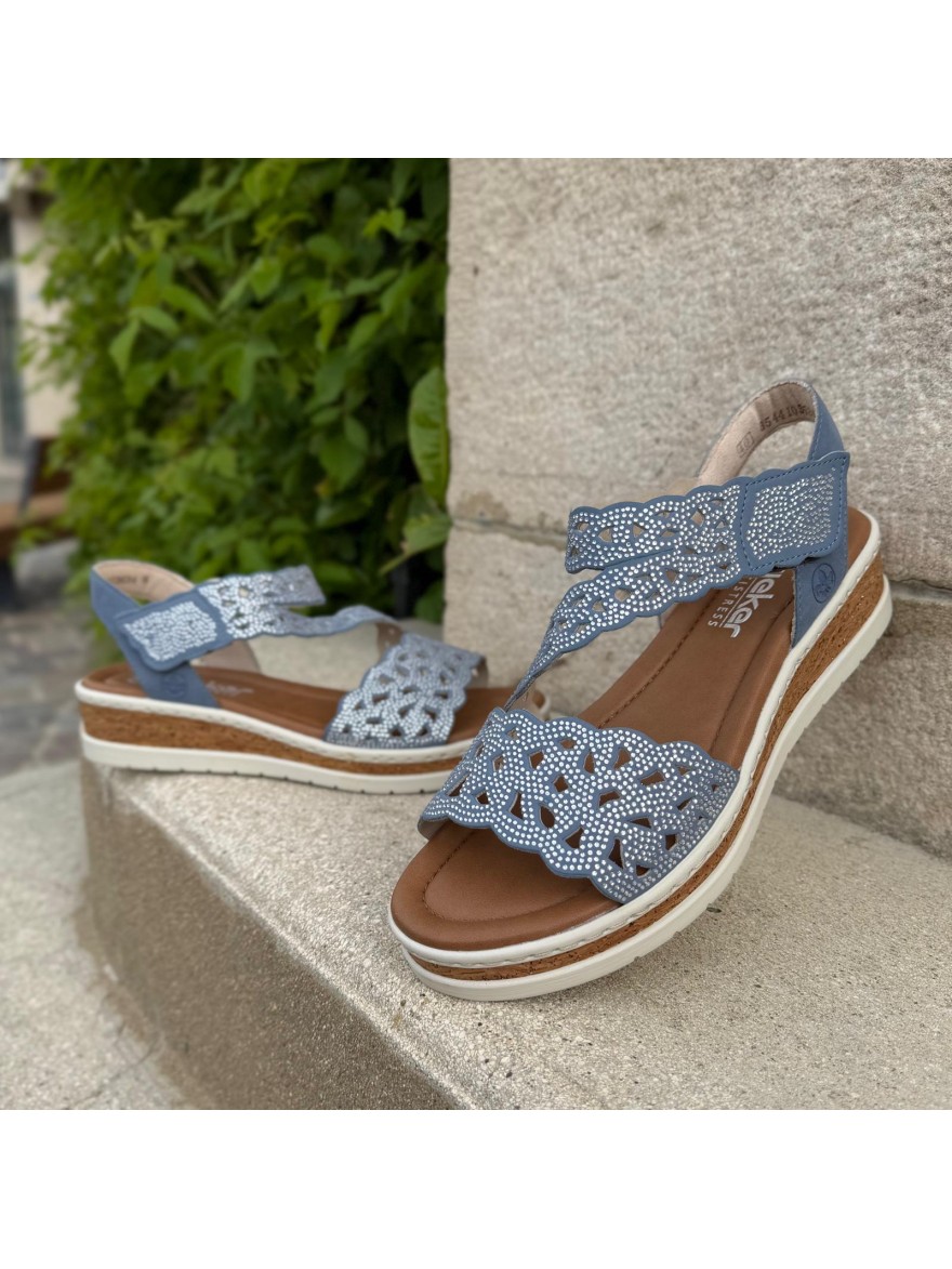 Nu-pied Rieker V4150-14 bleu strass confort compensé | Marina & Paloma