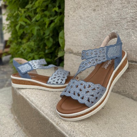 Nu-pied Rieker V4150-14 bleu strass confort compensé | Marina & Paloma
