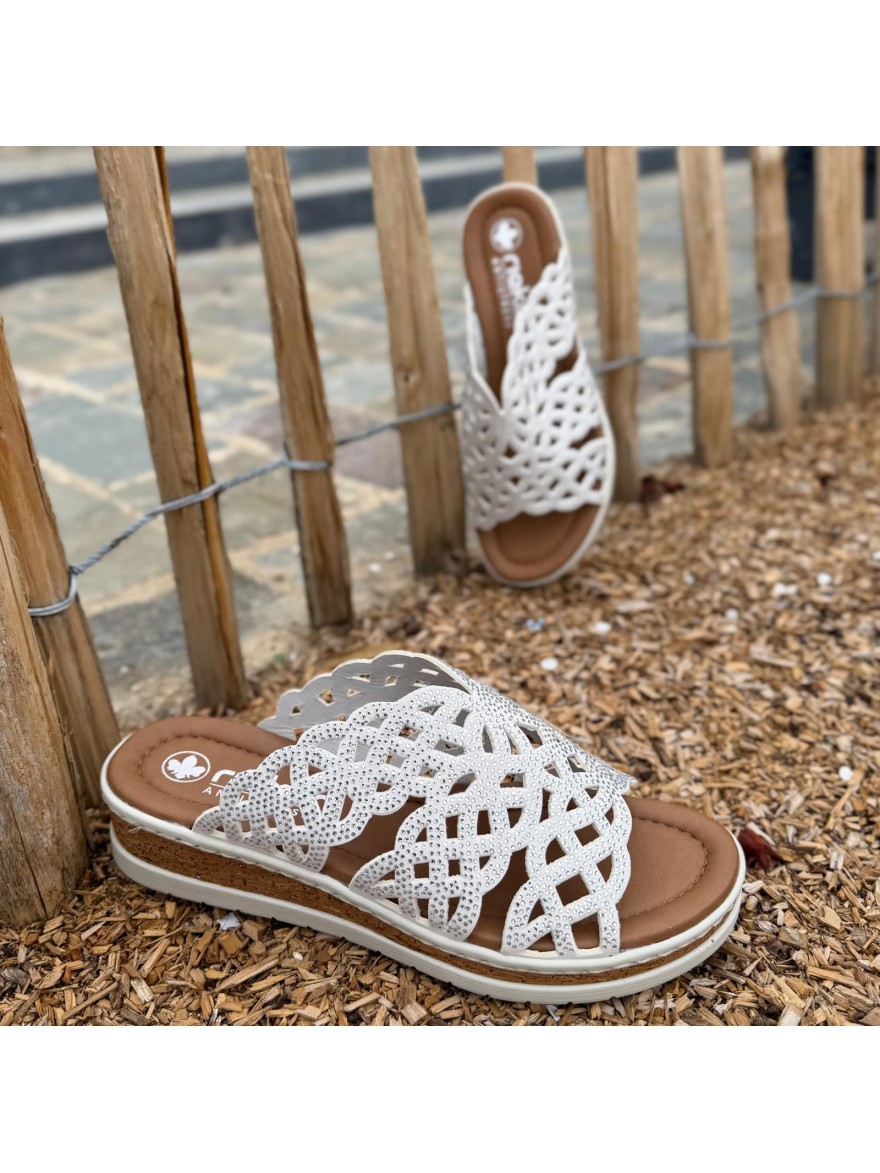 Nu-pied mule Rieker V4189-80 blanc strass confort compensé | Marina & Paloma