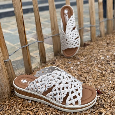 Nu-pied mule Rieker V4189-80 blanc strass confort compensé | Marina & Paloma