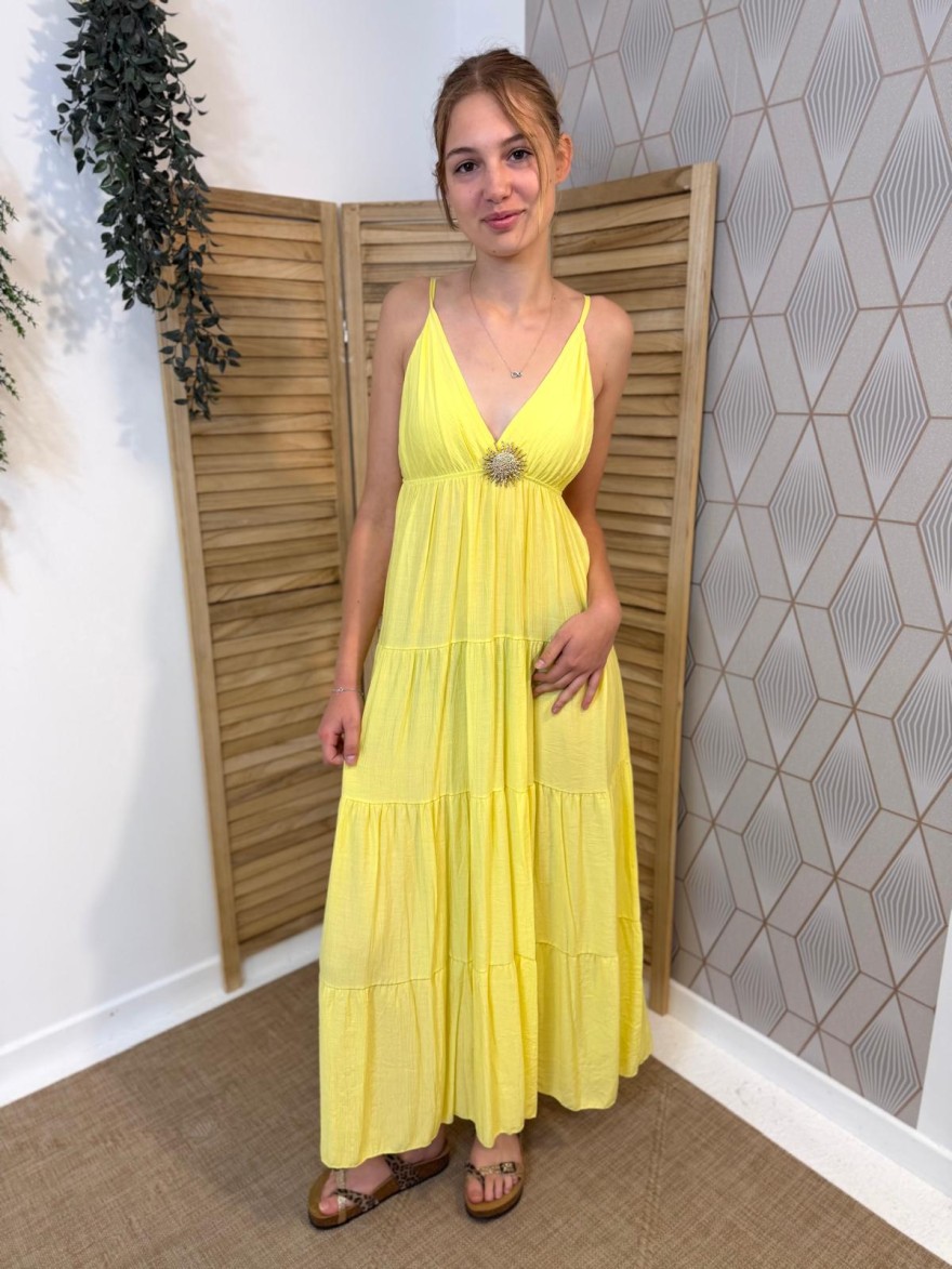 Robe Longue Fine Bretelle avec Broche Soleil | Marina & Paloma