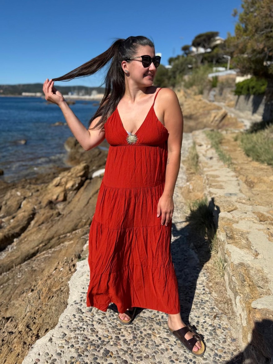 Robe Longue Fine Bretelle avec Broche Soleil | Marina & Paloma