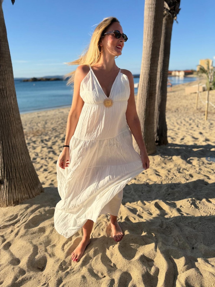Robe Longue Fine Bretelle avec Broche Soleil | Marina & Paloma