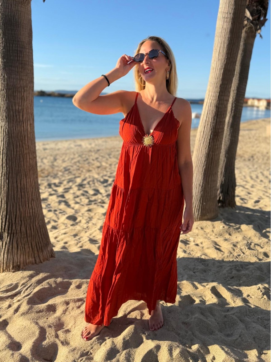 Robe Longue Fine Bretelle avec Broche Soleil | Marina & Paloma