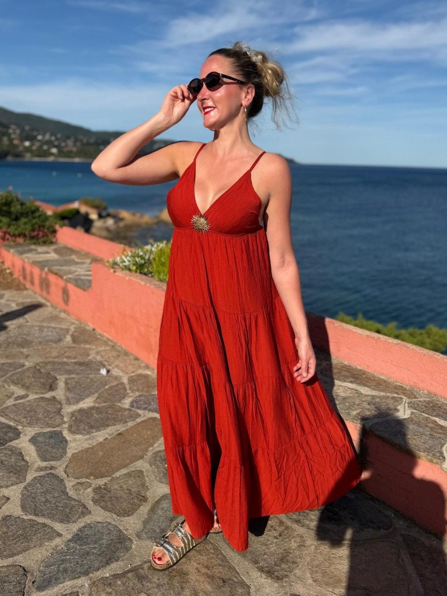 Robe Longue Fine Bretelle avec Broche Soleil | Marina & Paloma