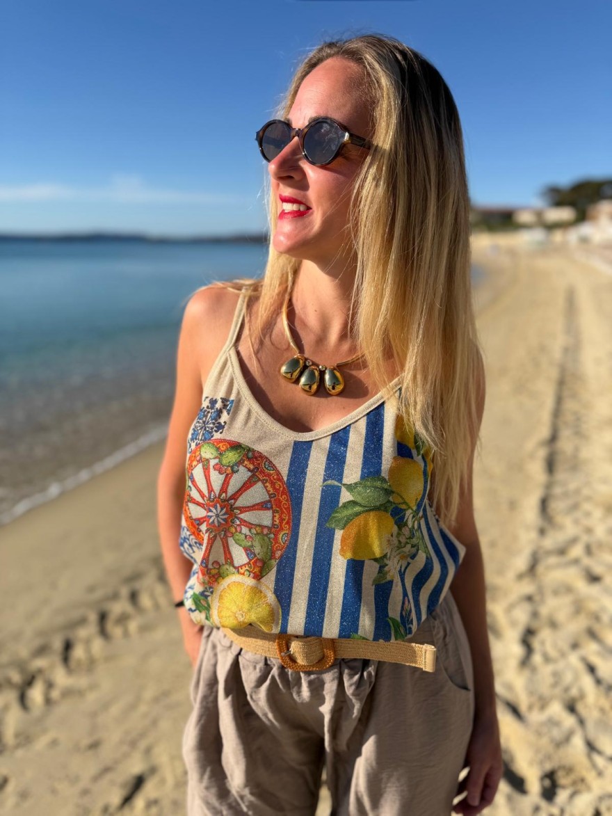 Débardeur Lurex Rayé Bleu et Citron Miss Azur | Marina & Paloma